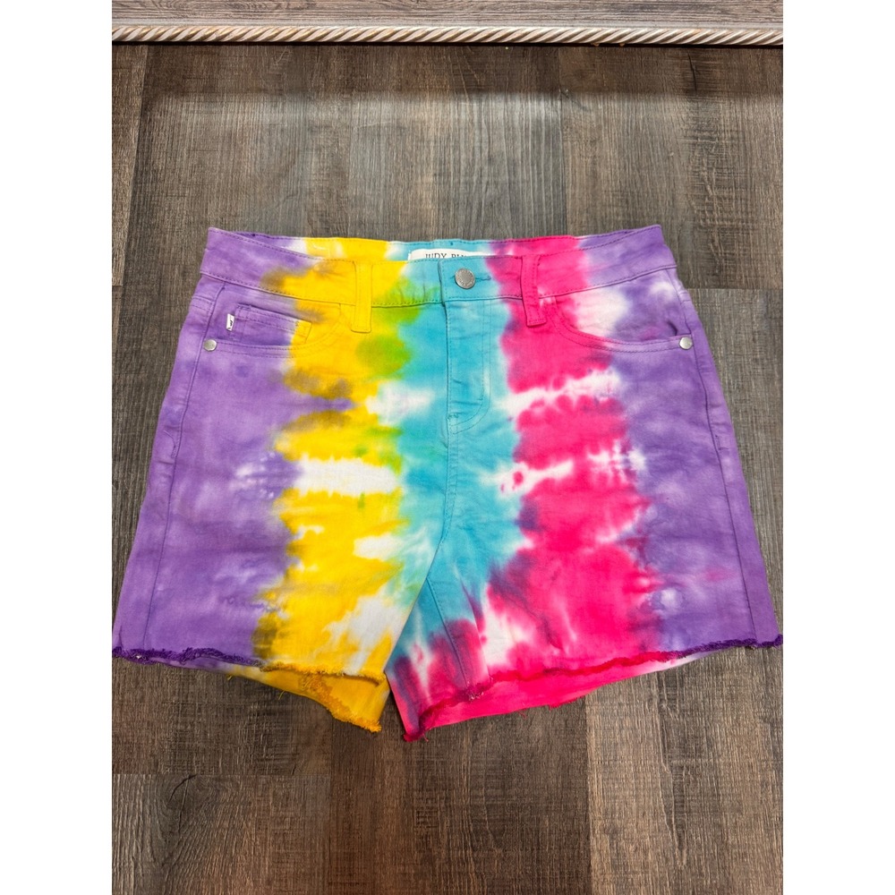 Judy Blue Rainbow Tie Dye Denim Shorts High Waist Raw Hem JB150065 Womens Small - Picture 1 of 6